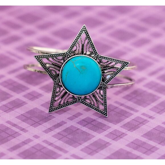 Vintage Geometric Silver Tone Star Blue Circle Hinged Bangle 7 1/2 inch - BX9 - Picture 1 of 4